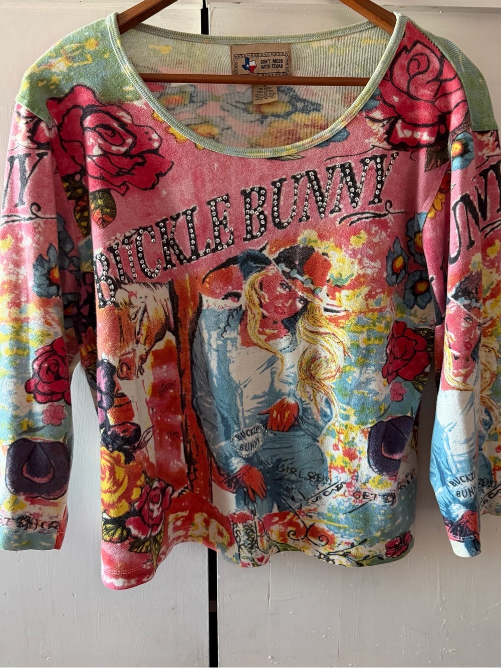 Retro Vintage Y2K Blonde Cowgirl Buckle Bunny Graphic Crop 3/4 Sleeve Tee